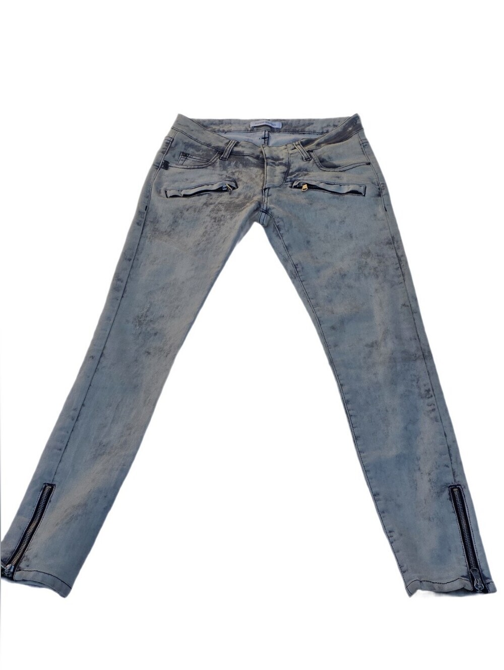 BALMAIN Paris Moto Biker Jeans Light Wash Gray Acid Stretch Zipper Skinny 25/39